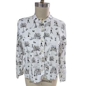2005 Vtg Christopher & Banks Cotton Stretch Shirt Jacket Shopping Themed Toile L